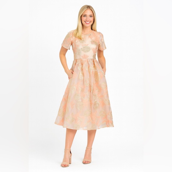 Mac Duggal Women 4 Tea Length Dress Pink Gold Floral Embroidered Cocktail Party - Picture 1 of 7